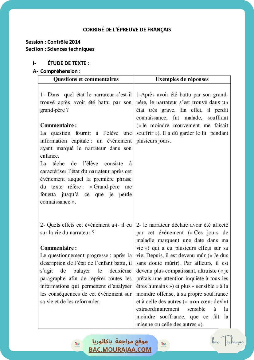 Corrigé controle francais Bac 2014 – Section technique